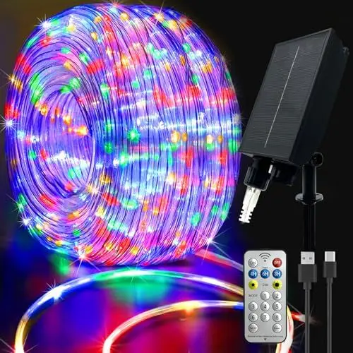 Produktbild: calflux Led schlauch 20m Wasserdicht,RGB Lichterschlauch Aussen,USB&Solar lichterschlauch für Innen außen,8 Modi,Timer,Fernbedienung,Wetterfest Lichterkette für weihnachten Hochzeit Deko,(Bunt)