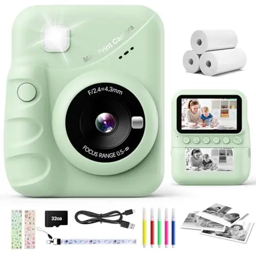 Produktbild: CalineGam Sofortbildkamera Kinder, 3,0 Zoll Bildschirm 48MP Kinderkamera Sofortbildkamera mit 32 GB-Karte, 1080P HD Kamera Kinder Sofortdruck, Geschenk für 3-12 Jungen und Mädchen (Grün)