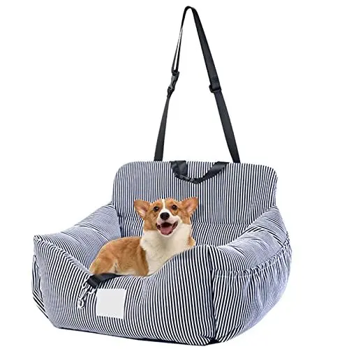 Produktbild: CALIYO Hundeautositz mit Stabiler Basis & Sicherheitsgurt | Hundesitz Auto für Kleine bis 10 kg | Memory Foam-Sitzauflage | Wasserdichter, Abwaschbarer Hundekorb mit Aufbewahrungstasche (Blau/Weiß)