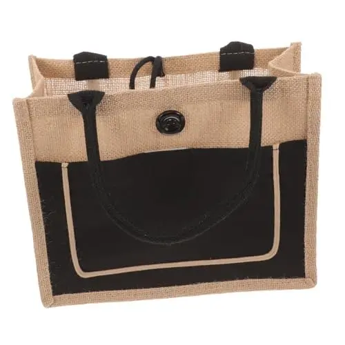 Produktbild: CALLARON Handtaschen große Jutetasche Lunchpaket Schultertasche schwarze Einkaufstasche Freizeittasche aus Jute Sackleinen-Tasche Hohe Kapazität Jutebeutel Handtasche Fräulein Knopf