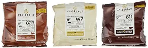 Produktbild: Callebaut Receipe No. 811, 823 und W2, Kuvertüre Callets, Zartbitterschokolade, Milchschokolade und weiße Schokolade, 1200 g
