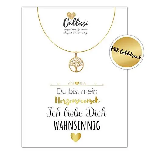 Produktbild: Geschenk für die Freundin Frau - Kette Gold 18K - Karat gelbgold echt vergoldet Callissi Damen Schmuck Grußkarte Karte mit Spruch Liebeserklärung Postkarte Kette Lebensbaum (Lebensblüte)