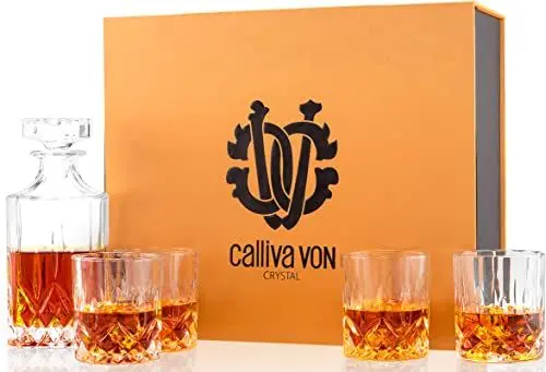 Produktbild: calliva von Whiskey Gläser und Karaffe Set, 750 ml Whisky Dekanter mit 4 Bleifrei Kristall Gläser 300 ml für Scotch, Cognacg, Cocktail, Margarita, Martini, Prächtige Geschenkbox, 5-teiliges