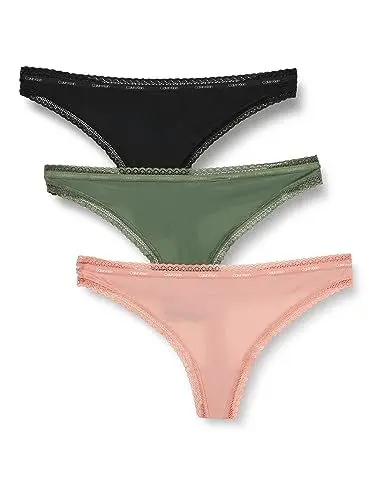 Produktbild: Calvin Klein Damen 3er Pack Strings Tangas, Mehrfarbig (Thyme/Ash Rose/ Black), XL
