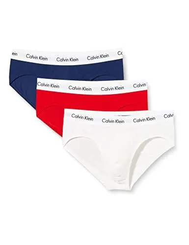 Produktbild: Calvin Klein Herren 3er Pack Unterhosen Hip Briefs Baumwolle mit Stretch, Mehrfarbig (White/Red Ginger/Pyro Blue), M