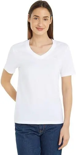 Produktbild: Calvin Klein Jeans Damen T-Shirt Kurzarm Ck Embro Badge V-Ausschnitt, Weiß (Bright White), XXS