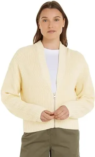 Produktbild: Calvin Klein Jeans Damen Cardigan Woven Label mit Reißverschluss, Beige (Vanilla), XS