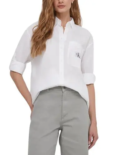 Produktbild: Calvin Klein Jeans Damen Hemd Woven Label Relaxed Shirt Langarm, Weiß (Bright White), M