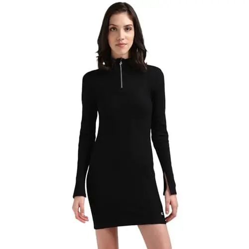 Produktbild: Calvin Klein Jeans Damen Kleid Half Zip Dress Langarm, Schwarz (Ck Black), S