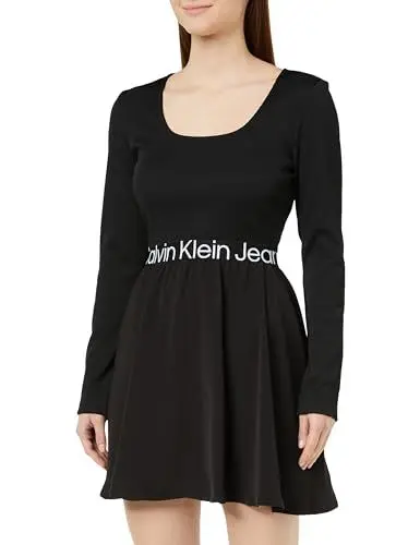 Produktbild: Calvin Klein Jeans Damen Kleid Logo Elastic Long Sleeve Dress Langarm, Schwarz (Ck Black), XXS