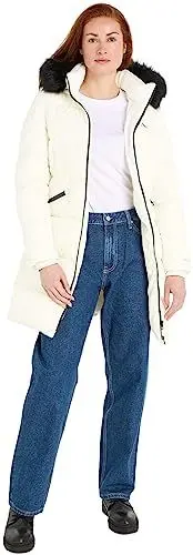 Produktbild: Calvin Klein Jeans Damen Mantel Faux Fur Hooded Fitted Long Winter, Weiß (Ivory), L