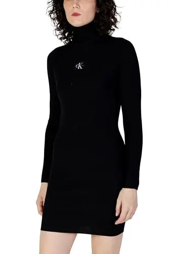 Produktbild: Calvin Klein Jeans Damen Pullover-Kleid Badge Roll Neck Langarm, Schwarz (Ck Black), XXS