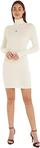 Produktbild: Calvin Klein Jeans Damen Pullover-Kleid Badge Roll Neck Langarm, Weiß (Ivory), L