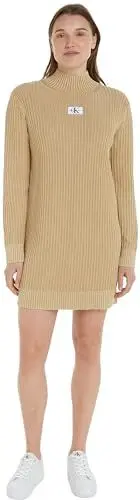 Produktbild: Calvin Klein Jeans Damen Pullover-Kleid Washed Monologo Sweater Dress Langarm, Beige (Warm Sand), M