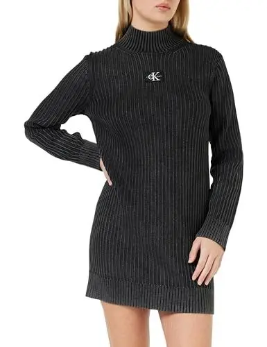 Produktbild: Calvin Klein Jeans Damen Pullover-Kleid Washed Monologo Sweater Dress Langarm, Schwarz (Ck Black), L