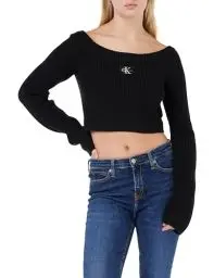 Produktbild: Calvin Klein Jeans Damen Pullover Woven Label Off Shoulder Sweater Cropped, Schwarz (Ck Black), XXXL