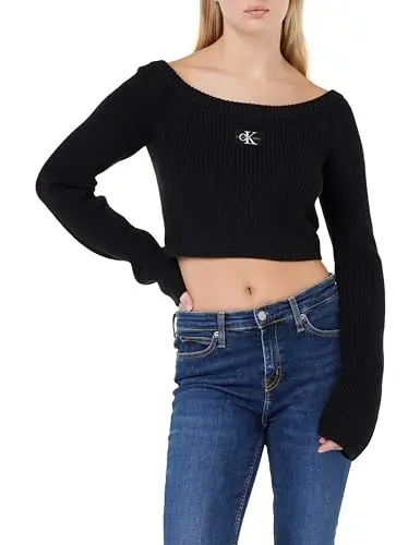 Produktbild: Calvin Klein Jeans Damen Pullover Woven Label Off Shoulder Sweater Cropped, Schwarz (Ck Black), XXXL