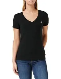 Produktbild: Calvin Klein Damen T-Shirt Kurzarm Ck Embroidery V-Ausschnitt, Schwarz (Ck Black), S