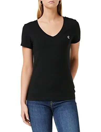 Produktbild: Calvin Klein Damen T-Shirt Kurzarm Ck Embroidery V-Ausschnitt, Schwarz (Ck Black), S