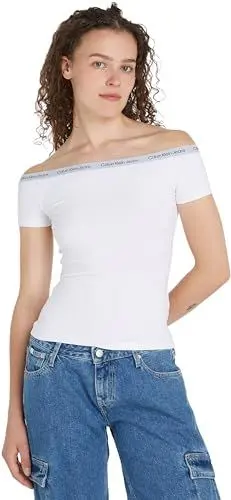Produktbild: Calvin Klein Jeans Damen T-Shirt Kurzarm Elastic Bardot Top U-Boot-Ausschnitt, Weiß (Bright White), XXXL