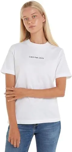 Produktbild: Calvin Klein Jeans Damen T-Shirt Kurzarm Institutional Straight Rundhalsausschnitt, Weiß (Bright White), S