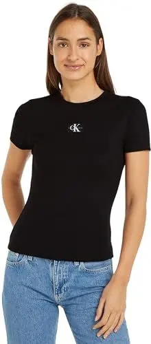 Produktbild: Calvin Klein Jeans Damen T-Shirt Kurzarm Woven Label Rib Rundhalsausschnitt, Schwarz (Ck Black), L