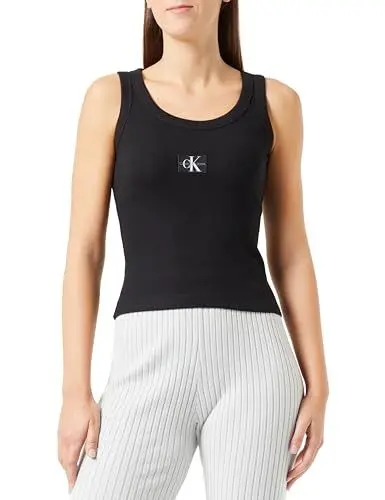 Produktbild: Calvin Klein Jeans Damen Tank Top Woven Label Rib Rundhalsausschnitt, Schwarz (Ck Black), L