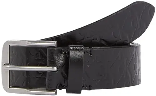 Produktbild: Calvin Klein Jeans Herren Gürtel Classic Flat Leather Belt 35mm aus Leder, Schwarz (Allover Print), 105 cm