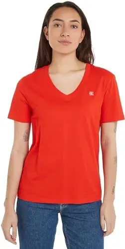 Produktbild: Calvin Klein Jeans Damen T-Shirt Kurzarm V-Ausschnitt, Rot (Fiery Red), M
