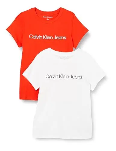 Produktbild: Calvin Klein Jeans Damen 2er Pack T-Shirts Kurzarm Institutional Logo Tee Rundhalsausschnitt, Mehrfarbig (Fiery Red/Bright White), XL