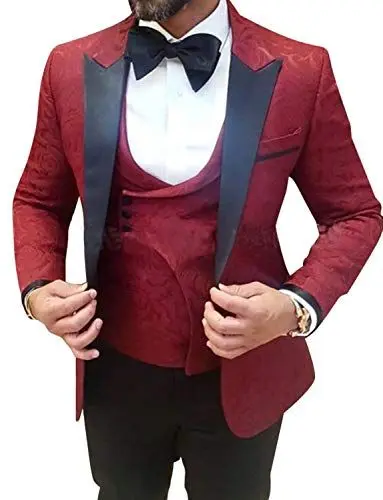 Produktbild: CALVINSUIT Herren Jacquard 3 Stück Anzug Slim Fit Smokingjacke Tux Weste & Hose