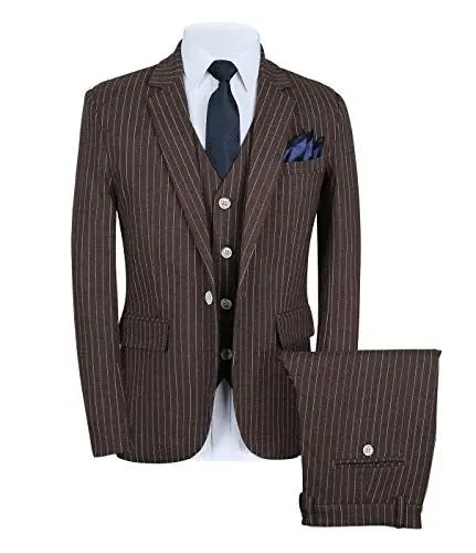 Produktbild: CALVINSUIT Herren Nadelstreifen 3 Stück Anzug Slim Fit Streifen Notch Revers Jacke Smoking