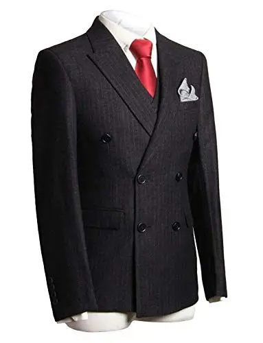 Produktbild: CALVINSUIT Herren Nadelstreifen 3 Stück Anzug Slim Fit Streifen Zweireiher Jacke Hose Weste