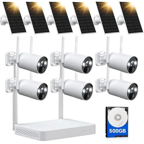 Produktbild: CAMCAMP 10CH 2.5K WLAN Solar Überwachungskamera Set Aussen, NVR, 500GB Festplatte, 6X 4MP Funk Kameras, HDMI-Schnittstelle, Farbe Nachtsicht, Zwei-Wege-Audio,Humanoidenerkennung,IP66 Wasserdicht,Alexa