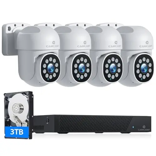 Produktbild: CAMCAMP 5MP PoE Überwachungskamera Aussen Set, 4X PoE IP Kamera und 500GB HDD NVR für 24/7 Aufnahme Innen Outdoor, Auto-Tracking, 2-Wege Audio, 30M Nachtsicht, PIR Bewegungsmelder, 0 Monatliche Gebühr