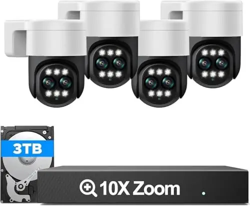 Produktbild: CAMCAMP Überwachungskamera Set mit Doppelobjektiv, 8CH 3TB NVR mit 4X PoE IP Kameras für 24/7 Aufzeichnung, 2-Wege-Audio, Automatische Verfolgung, PTZ, Nachtsicht in Farbe, Sirenenalarm