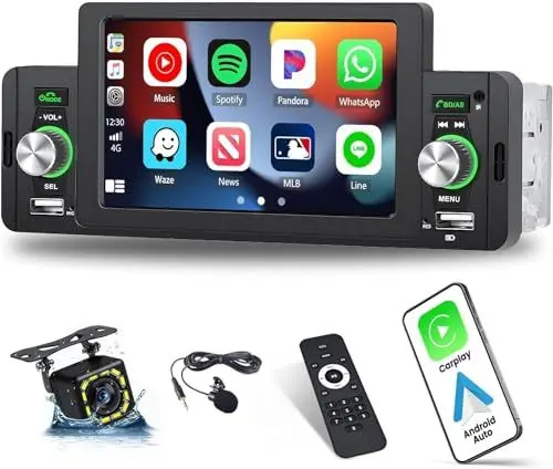 Produktbild: CAMECHO 1 Din Car Stereo mit CarPlay & Android Auto, 5Zoll Autoradio 1 Din mit Bluetooth Freisprecheinrichtung Rückfahrkamera Mirror Link, FM Radio