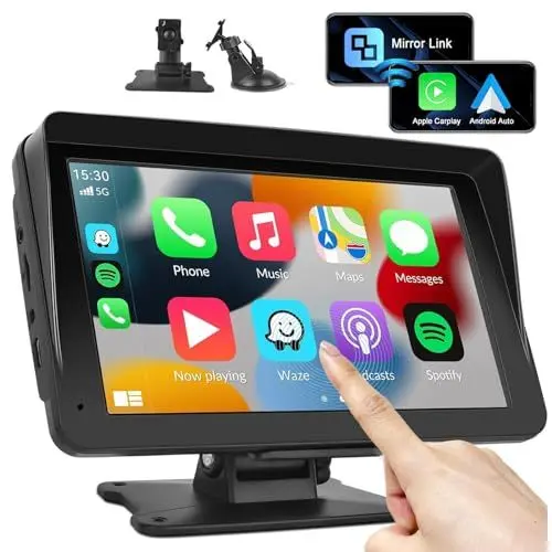 Produktbild: CAMECHO Portable Wireless CarPlay Android Auto, 7 Zoll Tragbarer Touchscreen Autoradio mit Bluetooth, AUX-in, FM-Transmitter, Sprachsteuerung für 7-32V All Vehicles
