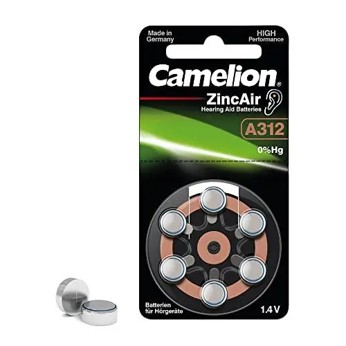 Produktbild: Camelion 15056312 - Zink Luft Knopfzellen-Batterie ohne Quecksilber A312/ZL 312 mit 1,4 Volt, 6er Set, Kapazität 160 mAh, für analoge oder digitale Hörgeräte