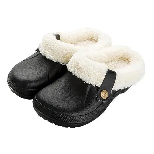 Produktbild: Camiraft Hausschuhe Damen Herren Clogs Gefüttert Winter Gartenschuhe Warm Gartenclogs Plüsch Pantoffeln Wasserdicht rutschfeste Outdoor Winterschuhe,Schwarz