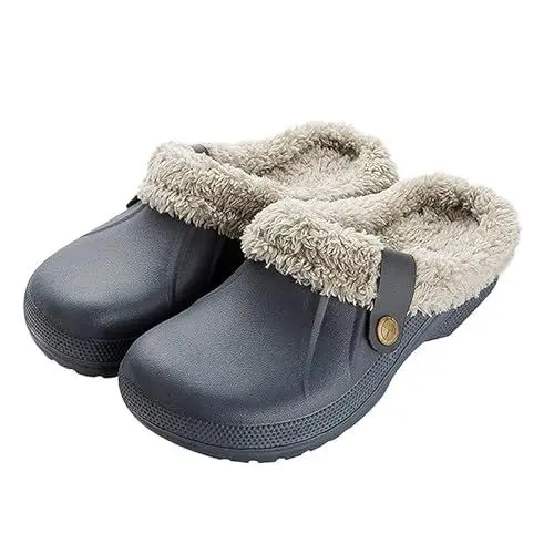 Produktbild: Camiraft Hausschuhe Damen Herren Clogs Gefüttert Winter Gartenschuhe Warm Gartenclogs Plüsch Pantoffeln Wasserdicht rutschfeste Outdoor Winterschuhe,Grau
