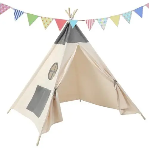 Produktbild: Camiraft Kinder Tipi Zelt,Beige+Grau klassisches indisches Spielzelt für Kinder,faltbares Spielhaus für drinnen oder draußen,Kinderzelte aus für Mädchen und Jungen mit Tragetasche,Polyester