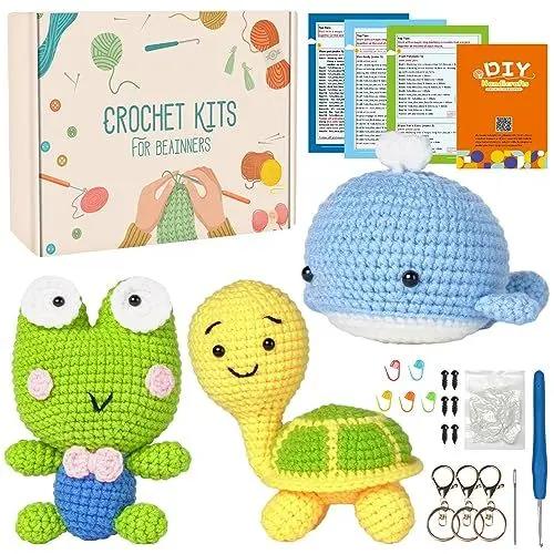 Produktbild: Camiraft Komplett Häkelset für Anfänger Tiere,DIY Häckeln Stricken für Anfänger Set mit Häkelnadeln Garn,Kreativ Strickset Bastelset für Erwachsene Kinder Geschenk,Frosch+Schildkröte+Wal
