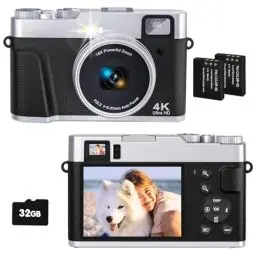 Produktbild: CAMKORY 4K Digitalkamera 48MP Fotokamera mit 32G Karte Autofokus Optischer Sucher 16X Zoom Kamera Fotokamera Fotoapparat Kompaktkamera mit 2 Akku Kameratasche Blitz für Anfänger Jugendliche