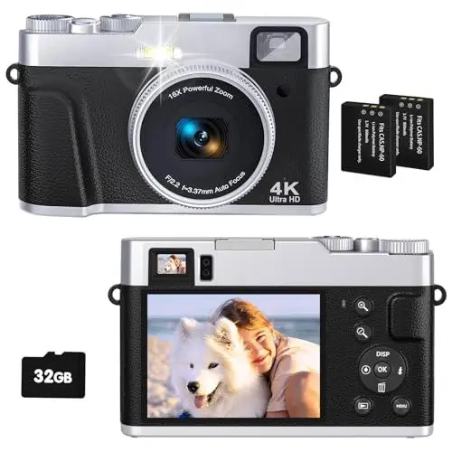 Produktbild: CAMKORY 4K Digitalkamera 48MP Fotokamera mit 32G Karte Autofokus Optischer Sucher 16X Zoom Kamera Fotokamera Fotoapparat Kompaktkamera mit 2 Akku Kameratasche Blitz für Anfänger Jugendliche