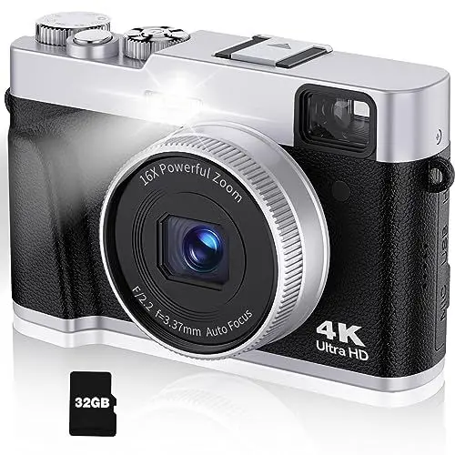 Produktbild: CAMKORY 4K Digitalkamera Fotokamera 48MP Autofokus 32G Karte Optischer Sucher Kompaktkamera Kamera Fotokamera Fotoapparat Digitalkamera Klein 16x Zoom Blitz Einfache Bedienung 2 Akku Anfänger