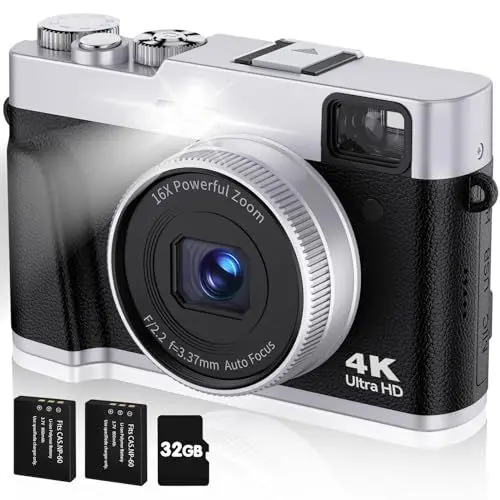 Produktbild: CAMKORY Digitalkamera 4K 48MP Fotokamera Autofokus 32G Karte Optischer Sucher Kamera Kompaktkamera Fotoapparat Digitalkamera Klein Einfache Bedienung 16X Zoom Blitz 2 Akku Anfänger Schwarz