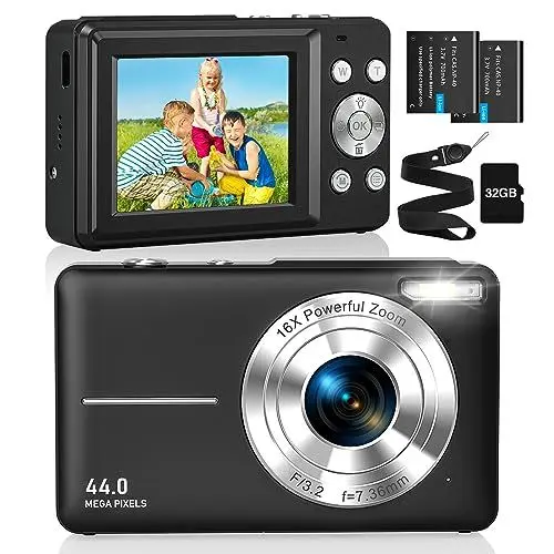 Produktbild: CAMKORY Digitalkamera Fotokamera FHD 1080P 44MP 32G Karte Kompaktkamera 16X Digitalzoom Fotoapparat Digitalkamera Klein Einfache Bedienung Selfie mit 2 Akku für Kinder Anfänger Junge Mädchen Schwarz