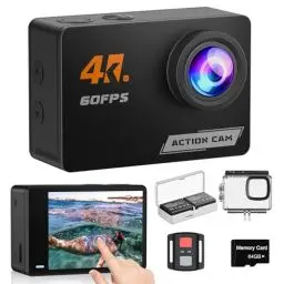 Produktbild: Camlance 4K 60FPS Touchscreen Action Cam mit 64GB Speicherkarte, HD 48MP 40M wasserdichte Unterwasserkamera 8X Zoom, WiFi EIS Helmkamera Fernbedienung Actionkameras, 2 * 1350 Akkus- Zubehör Kits