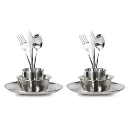Produktbild: Camping Besteck Set für 2, ISFORU Edelstahl Geschirr Messetui inklusive Teller, Tasse, Schüssel, Besteck mit Netzbeutel, Geschirr-Utensilien-Set für Outdoor-Camping, Wandern und Picknick